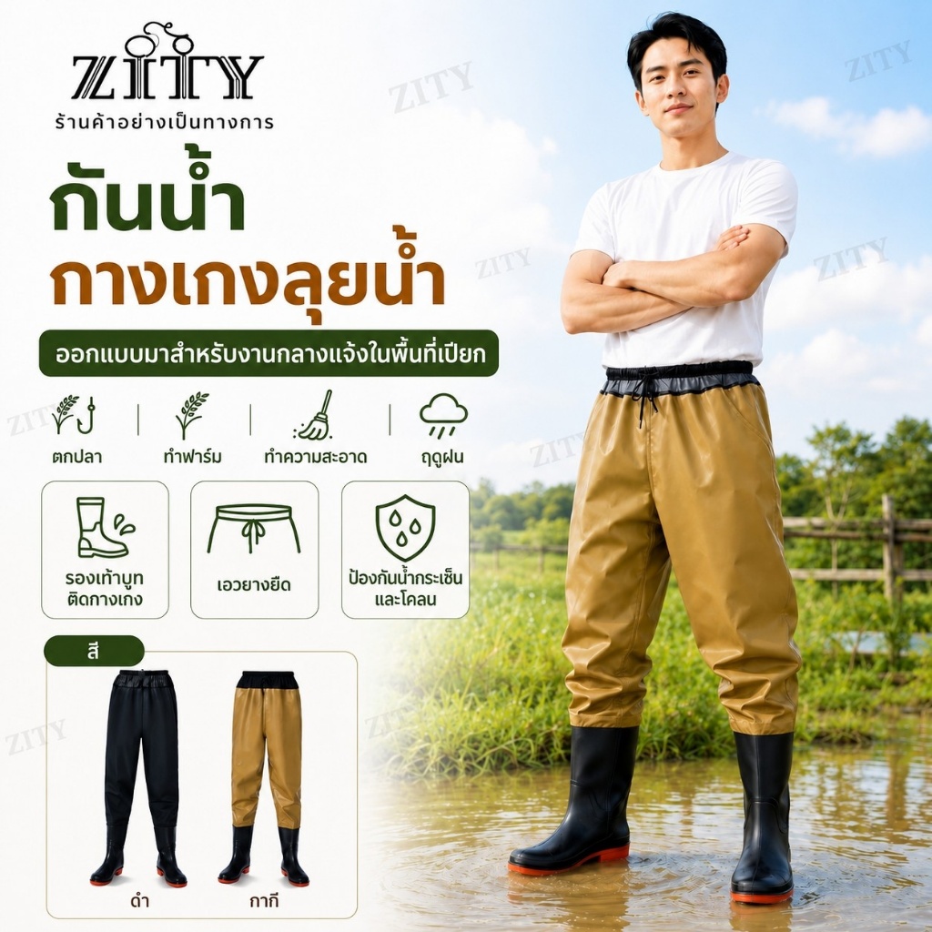 ZITY กางเกงกันน้ำกลางแจ้งพร้อมรองเท้าบูทกันลื่น สำหรับตกปลาและทำงานในพื้นที่โคลน