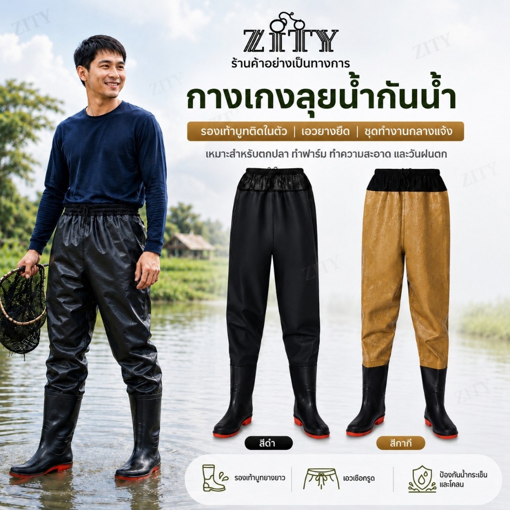 ZITY กางเกงกันน้ำพร้อมรองเท้าบูทยาง สำหรับตกปลา ทำฟาร์ม และทำงานกลางฝน ไซซ์ 38-47