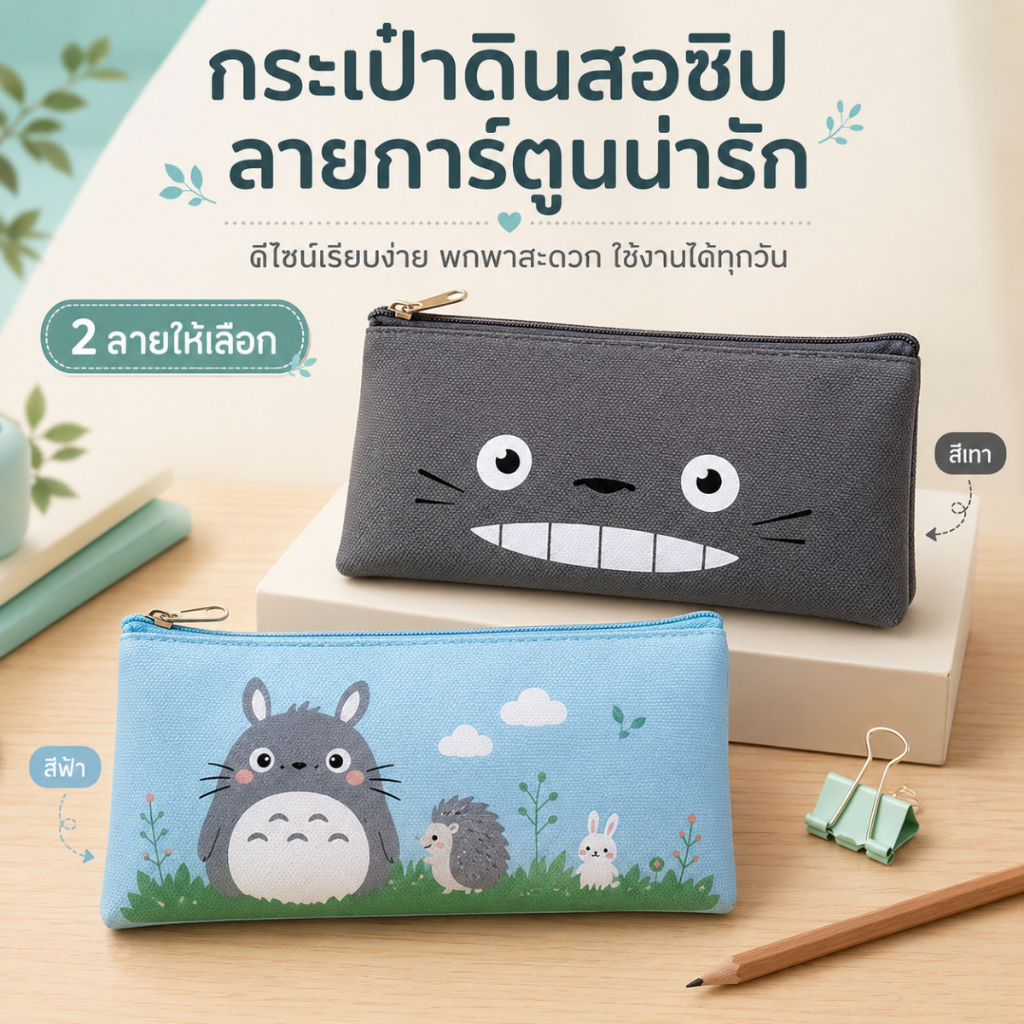 กระเป๋าดินสอ กระเป๋าใส่ปากกา ผ้าใบลายการ์ตูนน่ารัก ซองเครื่องเขียน อุปกรณ์การเรียน สำหรับนักเรียน A00138