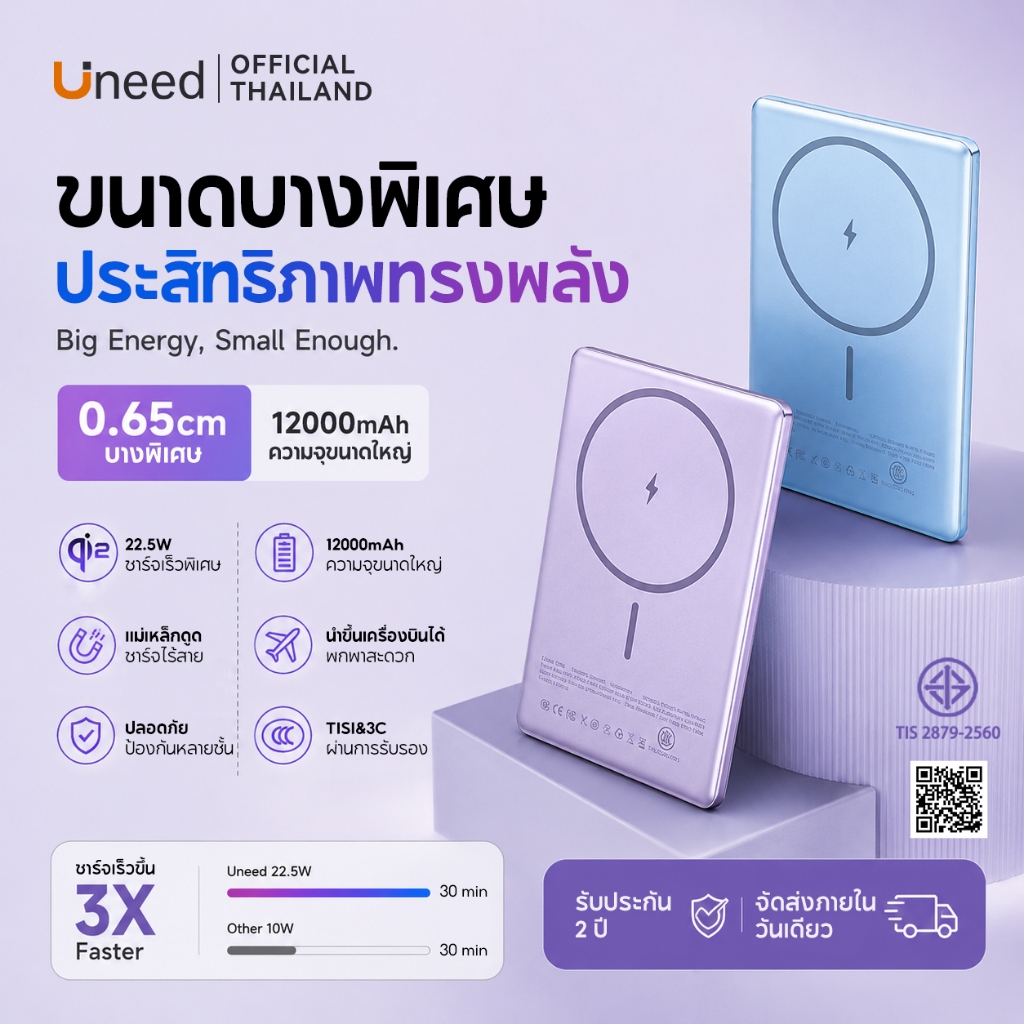 [มาตรฐาน CCC+Qi2] Uneed H7B Mini Powerbank 12000/6000mAh Magnetic Wireless แบตสํารอง 20W Fast Charging For iP 16/15/14/13/12 พาวเวอร์แบง