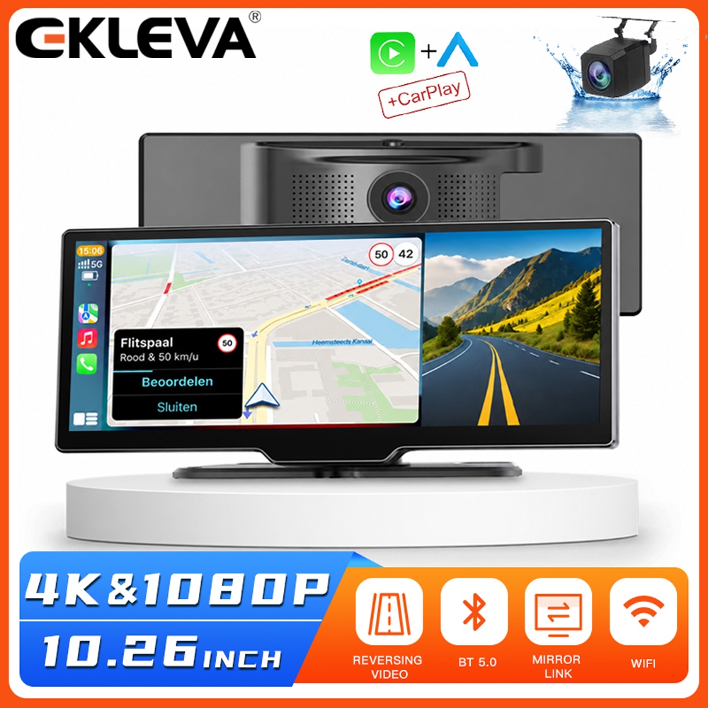 EKLEVA 4K 10.26" รถ DVR เลนส์คู่ Dash Cam Mirror รองรับ Carplay Android Auto WIFI