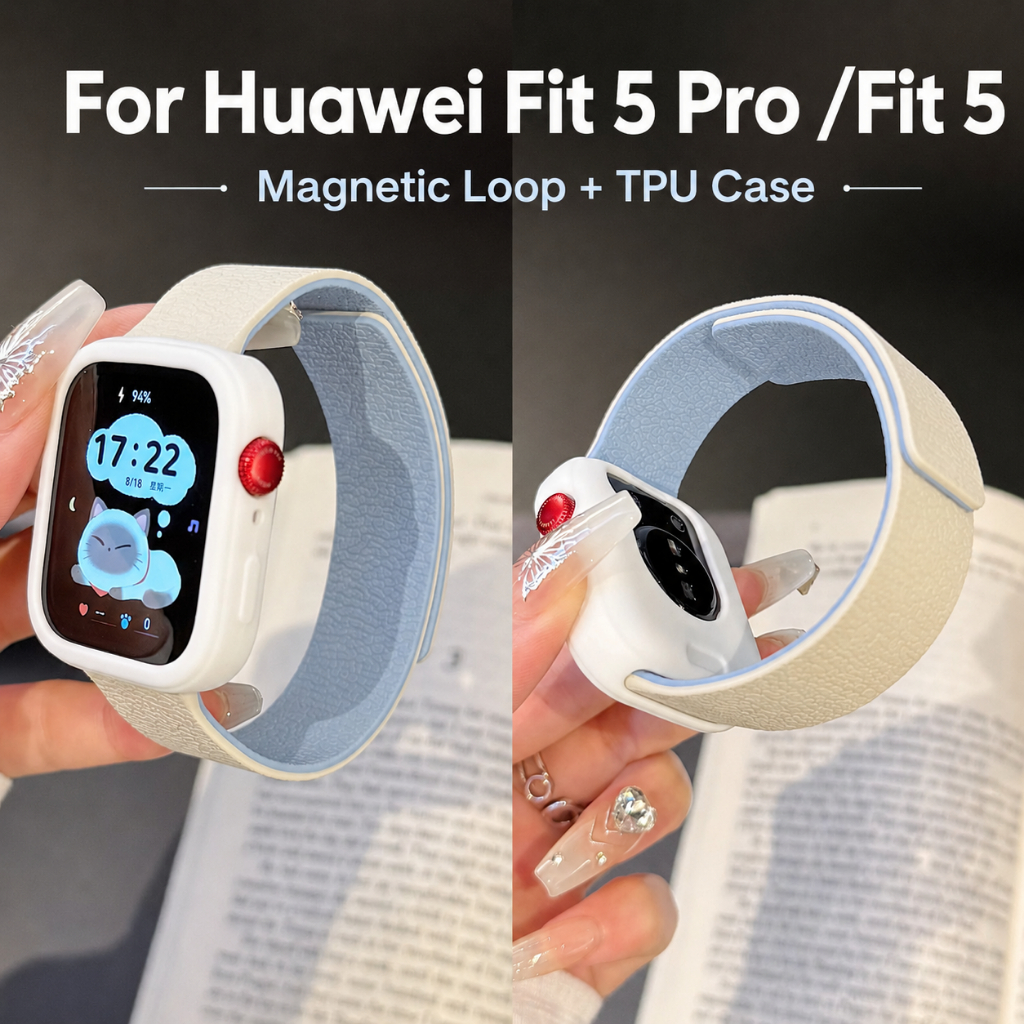 ห่วงซิลิโคนแม่เหล็กเนื้อลิ้นจี่ + เคส TPU แบบนุ่มสําหรับนาฬิกา Huawei Fit 5 Pro / Fit 5 Replacment สายนาฬิกาแม่เหล็ก
