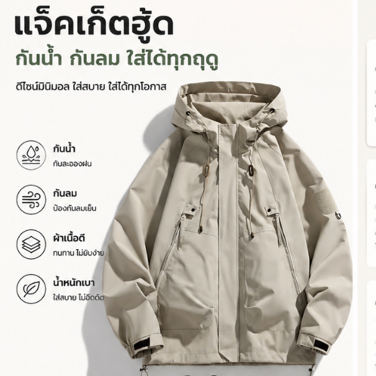 WA แจ็คเก็ต แจ็คเก็ตผ้าร่ม มีฮู้ด กันลม กันแดด น้ำหนักเบา ระบายอากาศดีเยี่ยม ซิปซ่อน