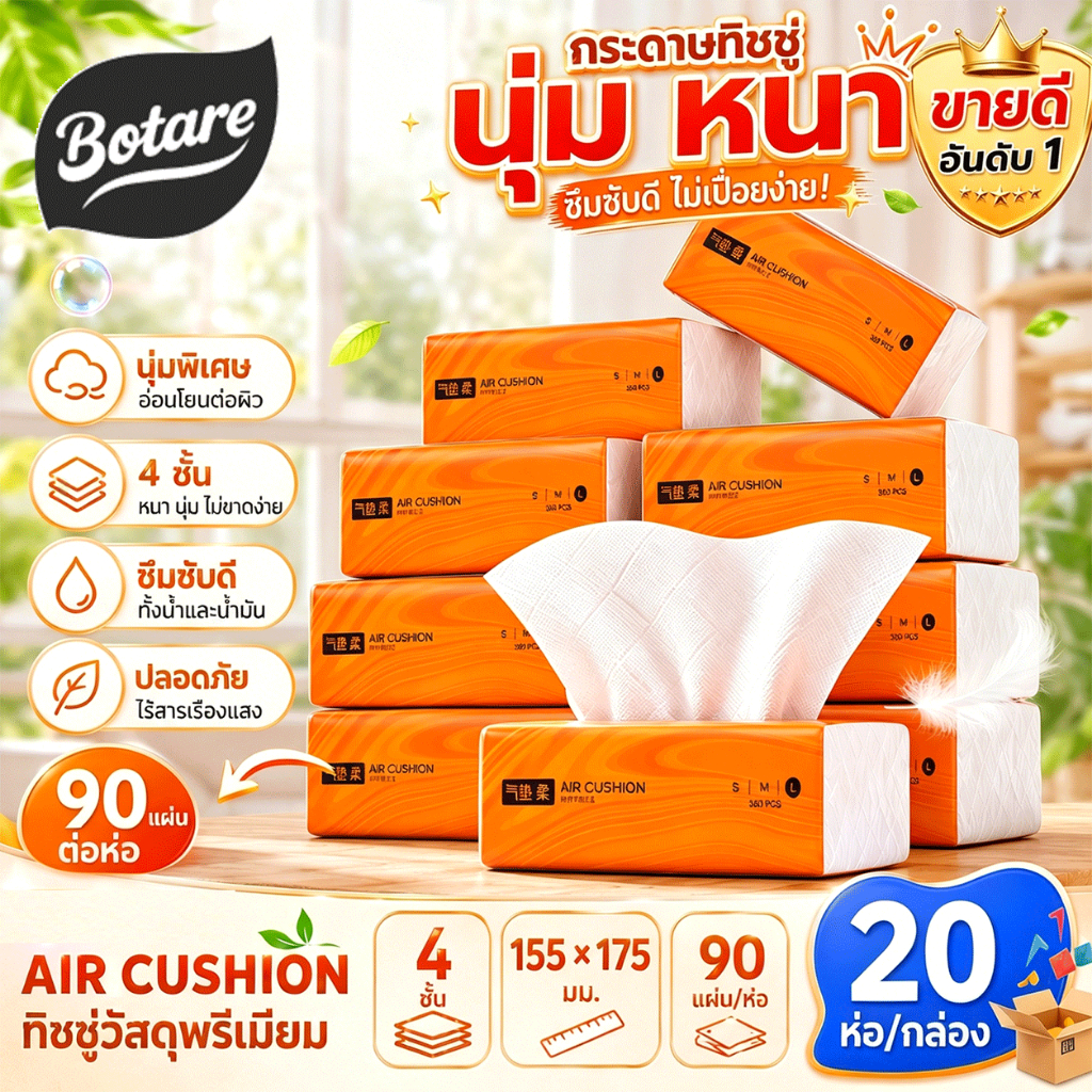 【20 แพ็ค】Botare กระดาษทิชชู่นุ่ม Air Cushion GB/T 20808 4 ชั้น หนาพิเศษ 360 แผ่น – ทิชชู่หน้า กระดาษครัว ของใช้จำเป็นในบ้าน