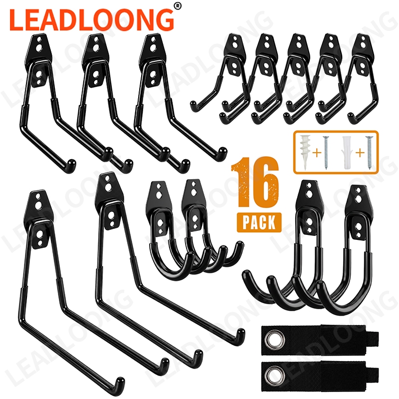 LEADLOONG ตะขอแขวนผนัง 12/16 ชิ้น ชุดไม้แขวนสําหรับงานหนัก ตะขอจักรยานอเนกประสงค์ ออแกไนเซอร์โรงรถ