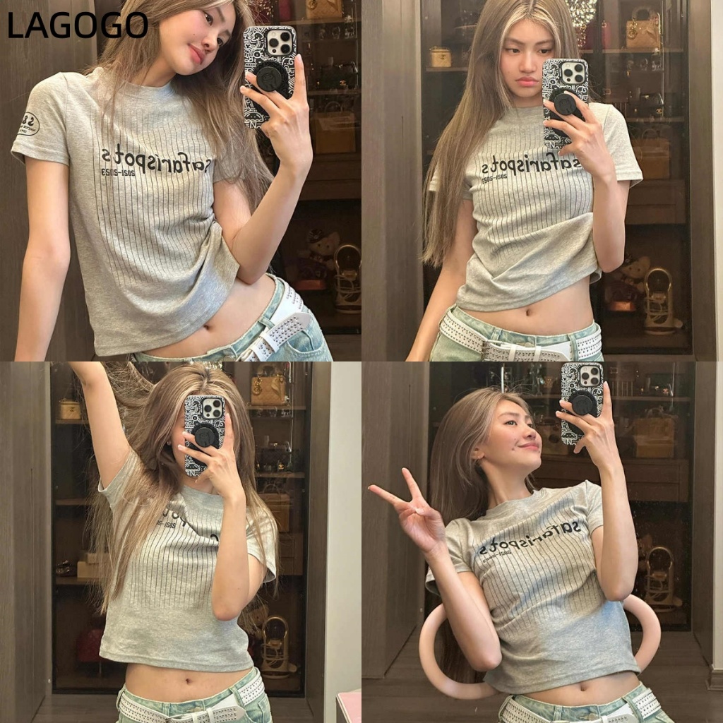พิมพ์ลายตัวอักษรย้อนยุคอเมริกันฤดูร้อนสไตล์ใหม่คอกลมเสื้อยืดผ้าฝ้ายแท้