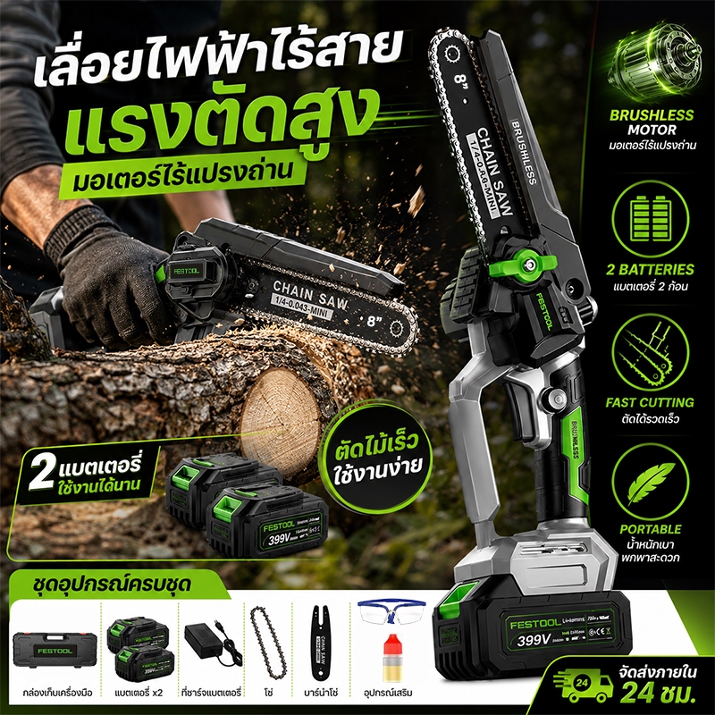 ลื่อยไฟฟ้าไร้สาย 8 นิ้ว 399V เลื่อยโซ่ไร้สาย เลื่อยไฟฟ้า 3000W แบต 10 เซลล์ 2 ก้อน เลื่อยตัดกิ่งไฟฟ้า ตัดแต่งกิ่งไม้ ตัดต้นไม้ผลไม้