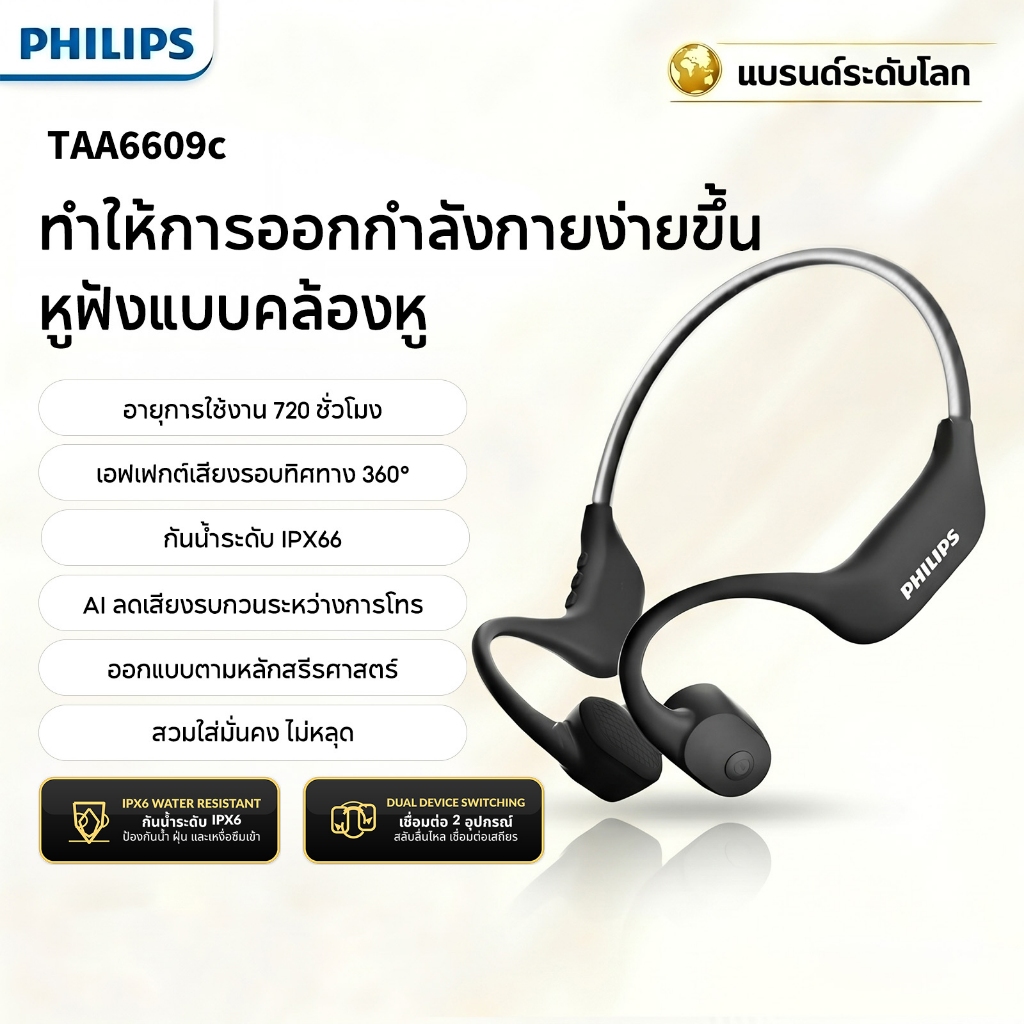 PHILIPS TAA6609C หูฟังกระดูกกะโหลก บลูทูธ สำหรับออกกำลังกาย-วิ่ง กันน้ำ True Wireless เปิดหู ไม่สวมใส่ในหู แบบหนีบ ใช้งานได้นาน ลดเสียงรบกวนระดับพรีเมียม ของแท้ 100%
