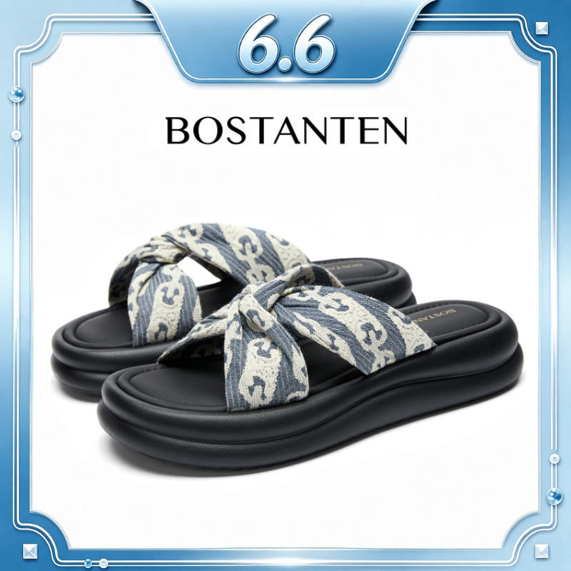 【พร้อมส่งจากไทย】BOSTANTEN รองเท้าส้นตึก ผู้หญิง รองเท้าแตะเสริมส้น ยีนส์เดนิม แฟชั่นเกาหลี ส้นหนานุ่ม ไม่กัดเท้า