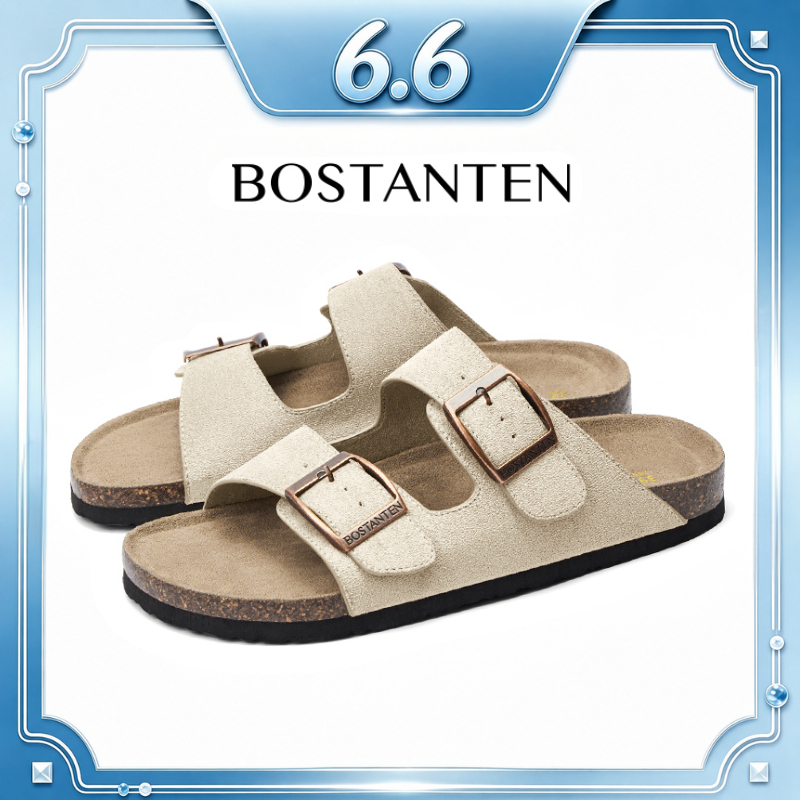 【สินค้าพร้อมส่งจากไทย】BOSTANTEN Double Buckles Sandals รองเท้าแตะพื้นคอร์ก ใส่สบาย กันลื่น เหมาะใส่ทุกวัน