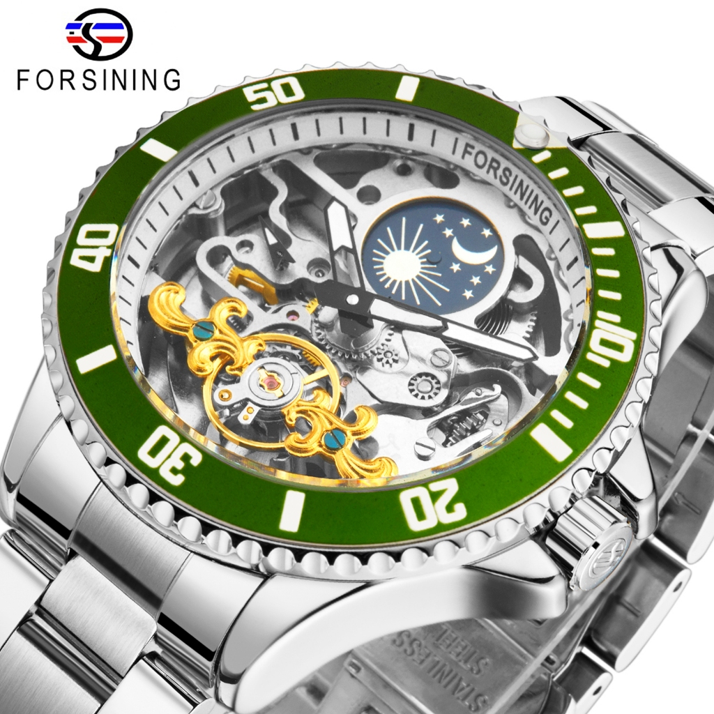 Original Forsining Mens Automatic Mechanical Watch สายสแตนเลส Day and Night Display นาฬิกากลวงแฟชั่น ของขวัญสําหรับผู้ชาย