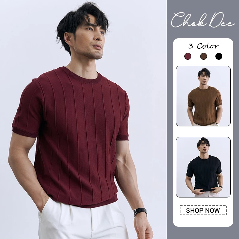 เสื้อถักแขนสั้นผู้ชาย คอลำลองสีทึบ คอกลม แบบหรูกาย