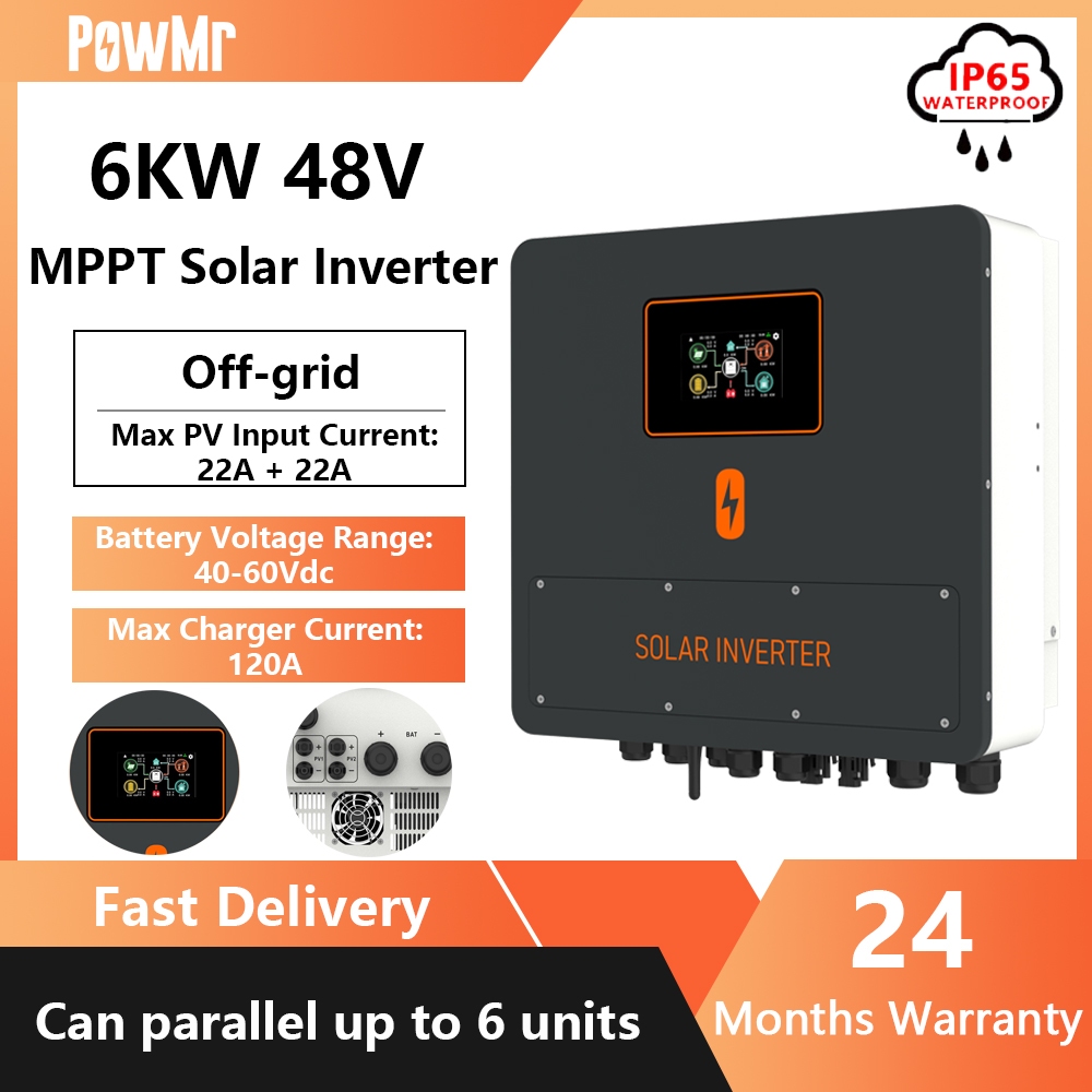 PowMr 3KW/6KW 24V/48V Hybrid Solar Inverter Pure Sine Wave 230VAC เอาต์พุตในตัว 100A MPPT Solar Char