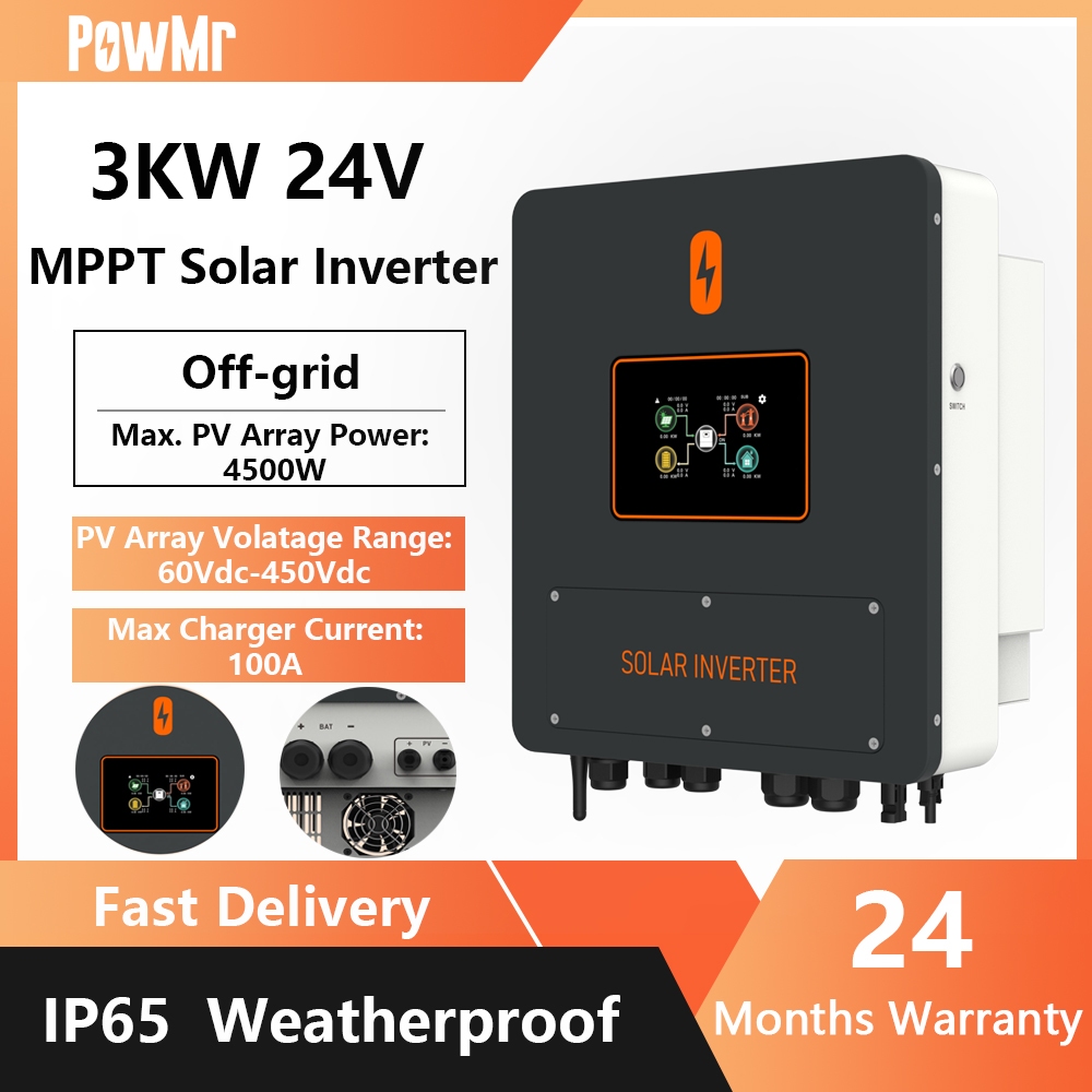 PowMr 3KW Hybrid Solar Inverter 24V 100A MPPT IP65 กันน้ํา PV อินพุต 60-450V เหมาะสําหรับระบบพลังงาน
