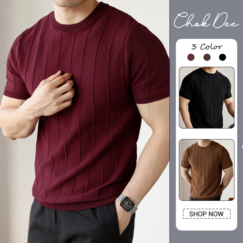 เสื้อยืดคอกลมพรีเมียม핏สำหรับผู้ชาย สีทึบลายทาง