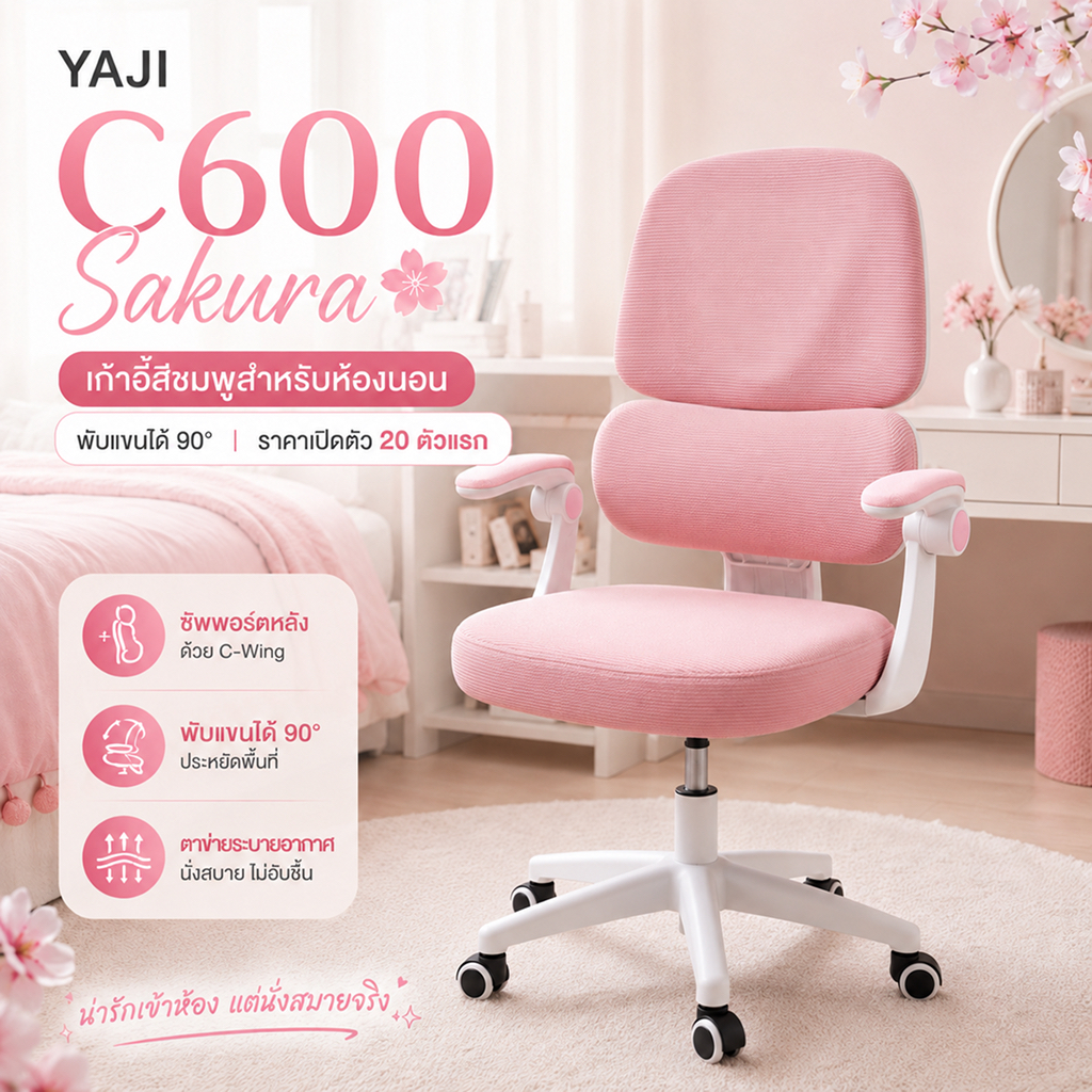 YAJI C600 Sakura เก้าอี้แต่งหน้า เก้าอี้คอมพิวเตอร์ ห้องนอนผู้หญิง น่ารัก สีชมพู Sakura Pink