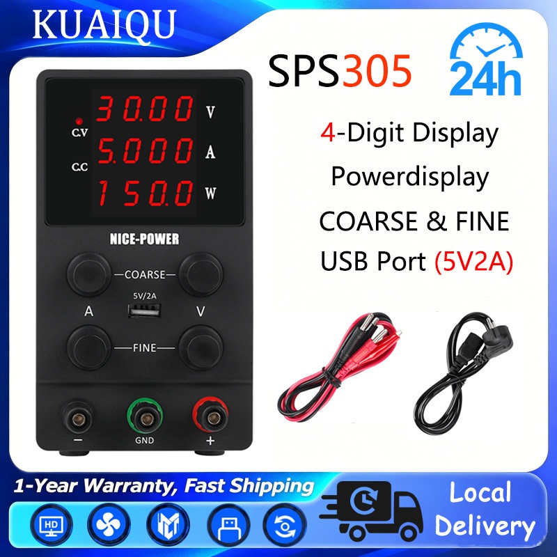 NICE-POWER DC Power Supply Variable: 30V 5A ปรับ Switching Regulated ความแม่นยําสูง 4 หลักจอแสดงผล LED 5V/2A พอร์ต USB Test Lead Output & Input สายไฟ Bench Lab Power
