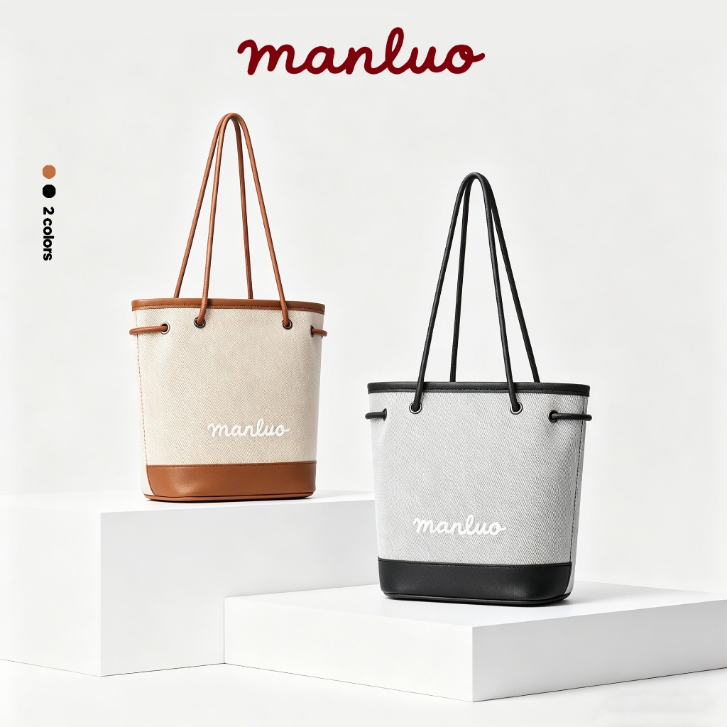 MANLUO Canvas Bucket Tote กระเป๋าสะพายไหล่ โลโก้เปลี่ยนสี  สไตล์มินิมอล Unisex พร้อมส่งในไทย