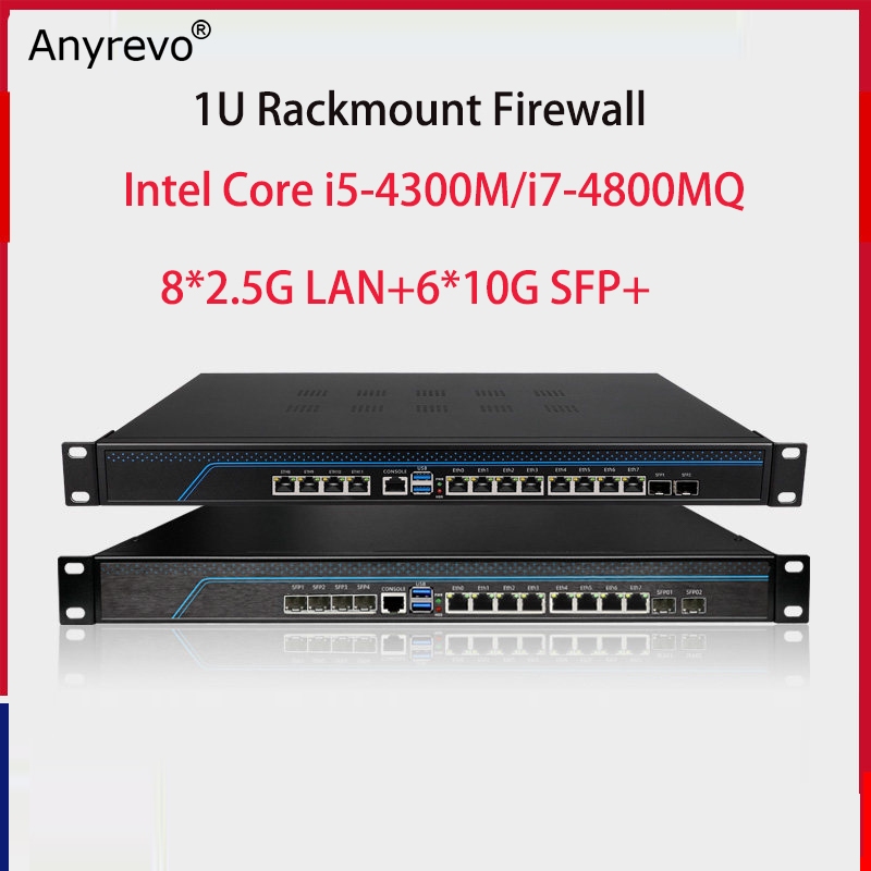 Anyrevo 1U Rackmount Router 8x2.5G LAN 6*10G SFP + Intel Core I5-4300M I7-4800MQ เครือข่ายเครื่องใช้