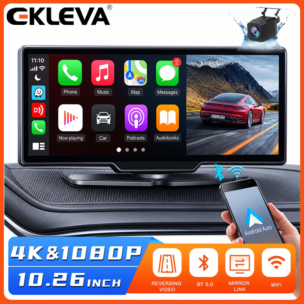 Ekleva กล้องบันทึกวิดีโอ DVR 4K GPS เลนส์คู่ 10.26 นิ้ว รองรับ Carplay สําหรับติดรถยนต์