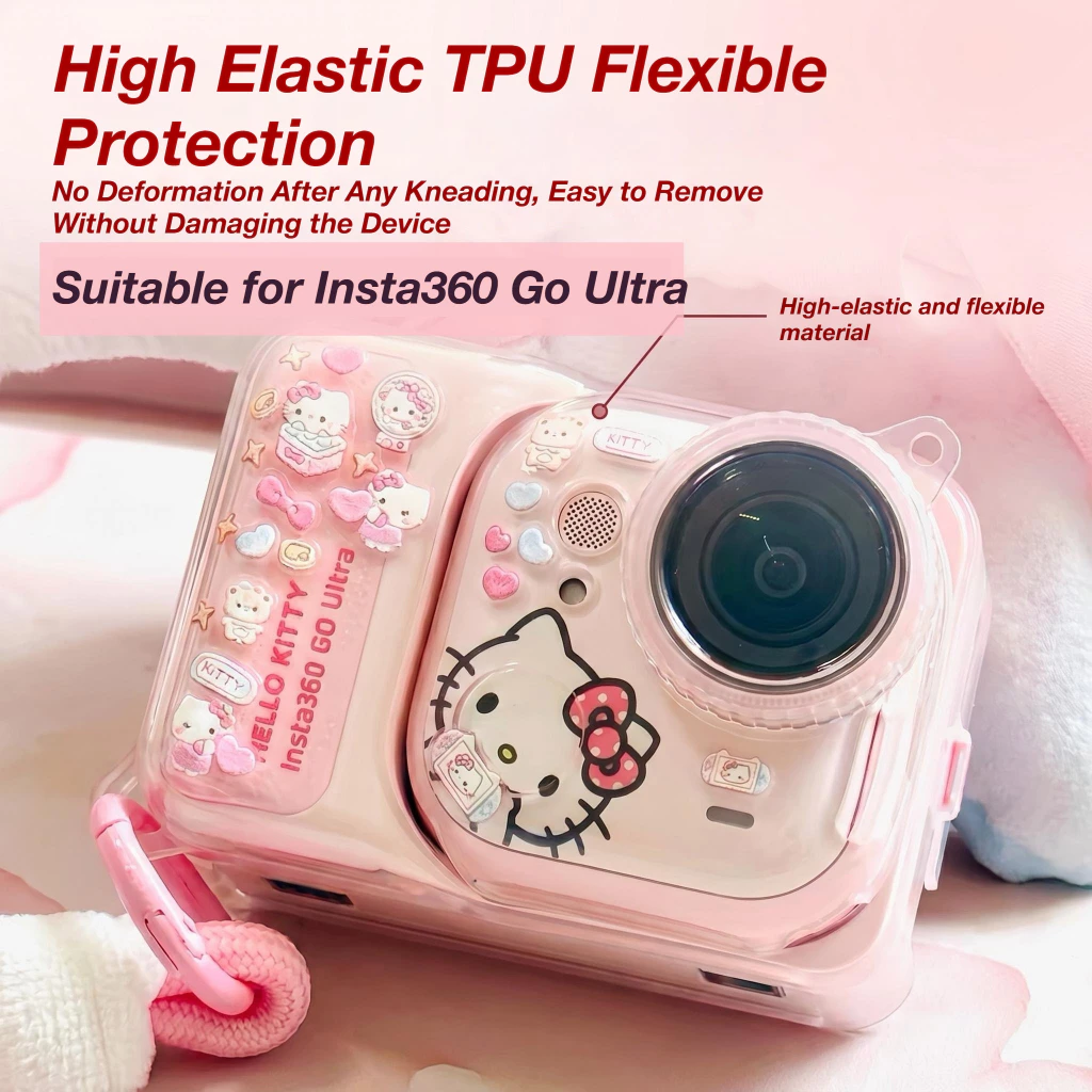 บลัชออนสีชมพูTPUป้องกันกรณีสําหรับInsta360 GoของขวัญหวานพิเศษKawaiiฝาครอบป้องกันเลนส์หมวกAnti-Lostสายคล้องBlingสร้อยข้อมือเชือกเส้นเล็กHello Kittyสติกเกอร์Fullป้องกัน