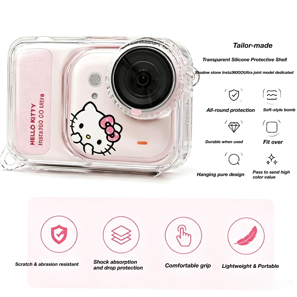 บลัชออนสีชมพูTPUป้องกันกรณีสําหรับInsta360 GoของขวัญหวานพิเศษKawaiiฝาครอบป้องกันเลนส์หมวกAnti-Lostสายคล้องBlingสร้อยข้อมือเชือกเส้นเล็กHello Kittyสติกเกอร์Fullป้องกัน thumbnail 8