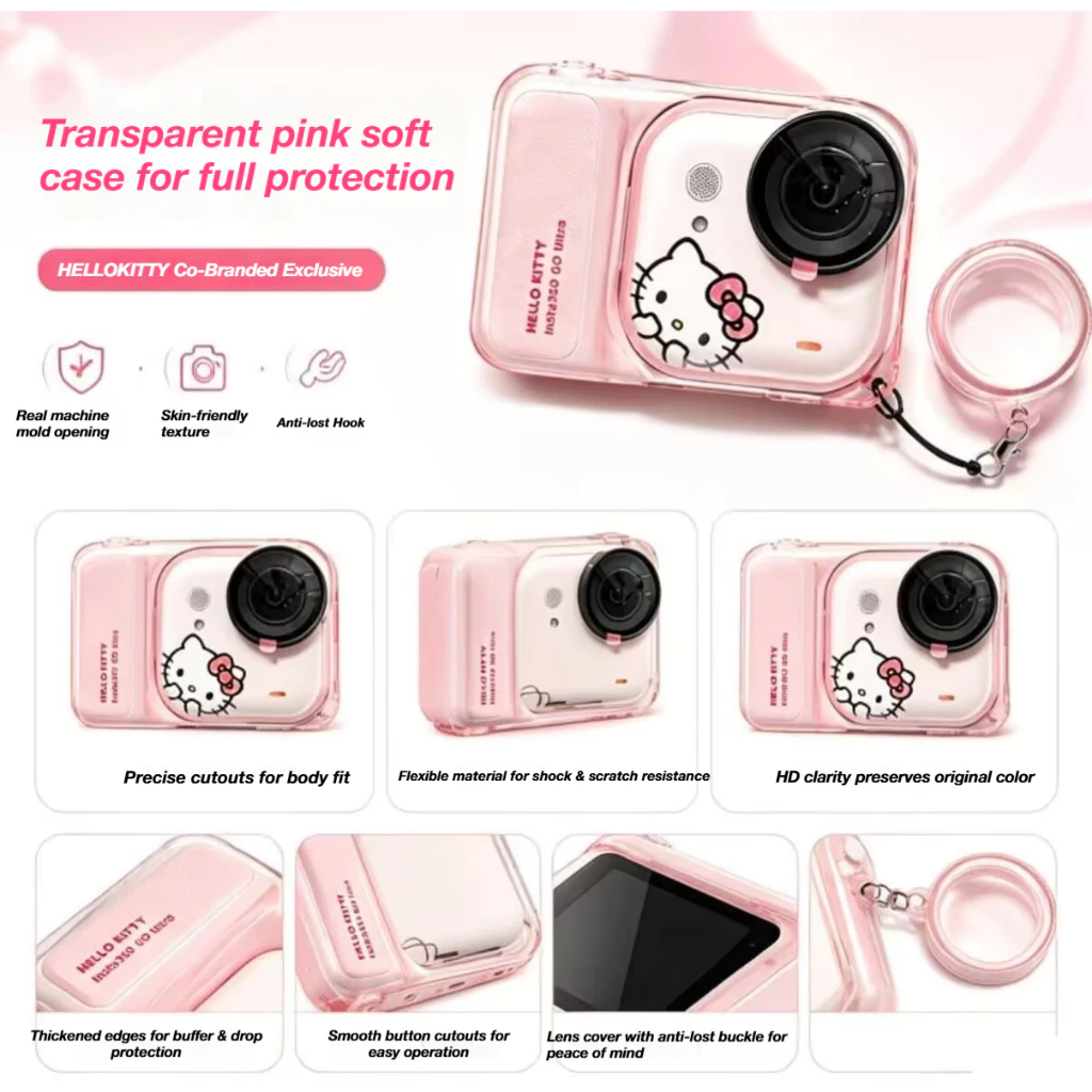 บลัชออนสีชมพูTPUป้องกันกรณีสําหรับInsta360 GoของขวัญหวานพิเศษKawaiiฝาครอบป้องกันเลนส์หมวกAnti-Lostสายคล้องBlingสร้อยข้อมือเชือกเส้นเล็กHello Kittyสติกเกอร์Fullป้องกัน thumbnail 3