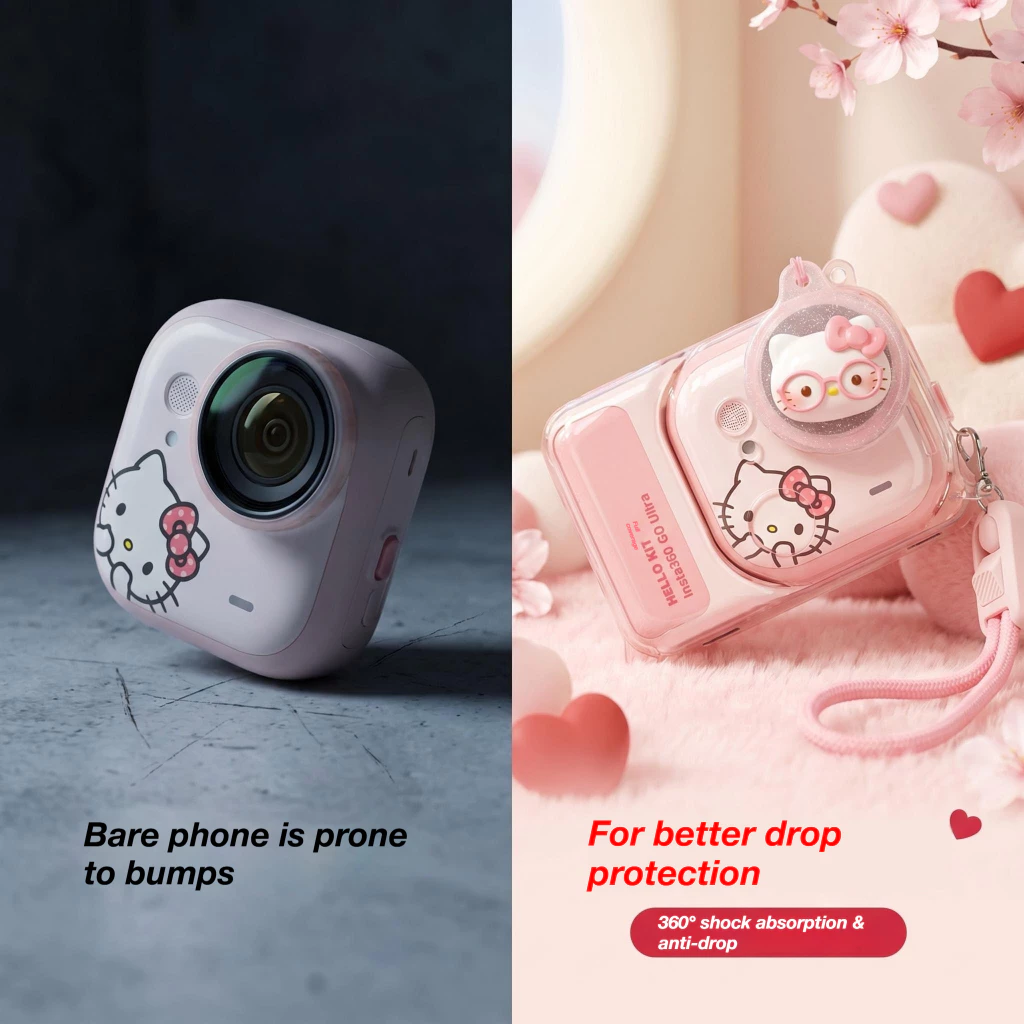 บลัชออนสีชมพูTPUป้องกันกรณีสําหรับInsta360 GoของขวัญหวานพิเศษKawaiiฝาครอบป้องกันเลนส์หมวกAnti-Lostสายคล้องBlingสร้อยข้อมือเชือกเส้นเล็กHello Kittyสติกเกอร์Fullป้องกัน thumbnail 6