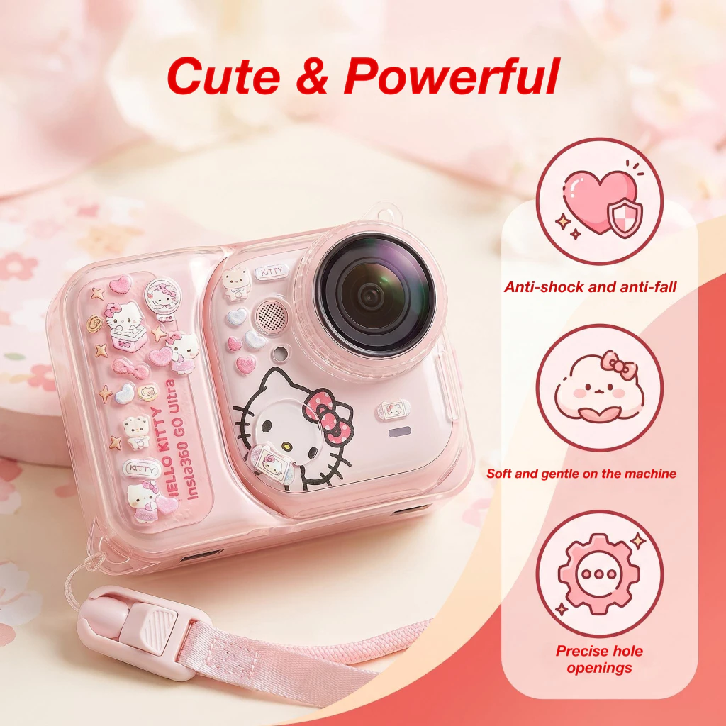 บลัชออนสีชมพูTPUป้องกันกรณีสําหรับInsta360 GoของขวัญหวานพิเศษKawaiiฝาครอบป้องกันเลนส์หมวกAnti-Lostสายคล้องBlingสร้อยข้อมือเชือกเส้นเล็กHello Kittyสติกเกอร์Fullป้องกัน thumbnail 5