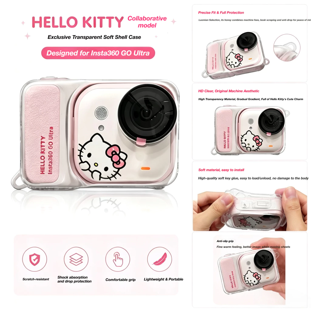 บลัชออนสีชมพูTPUป้องกันกรณีสําหรับInsta360 GoของขวัญหวานพิเศษKawaiiฝาครอบป้องกันเลนส์หมวกAnti-Lostสายคล้องBlingสร้อยข้อมือเชือกเส้นเล็กHello Kittyสติกเกอร์Fullป้องกัน thumbnail 7
