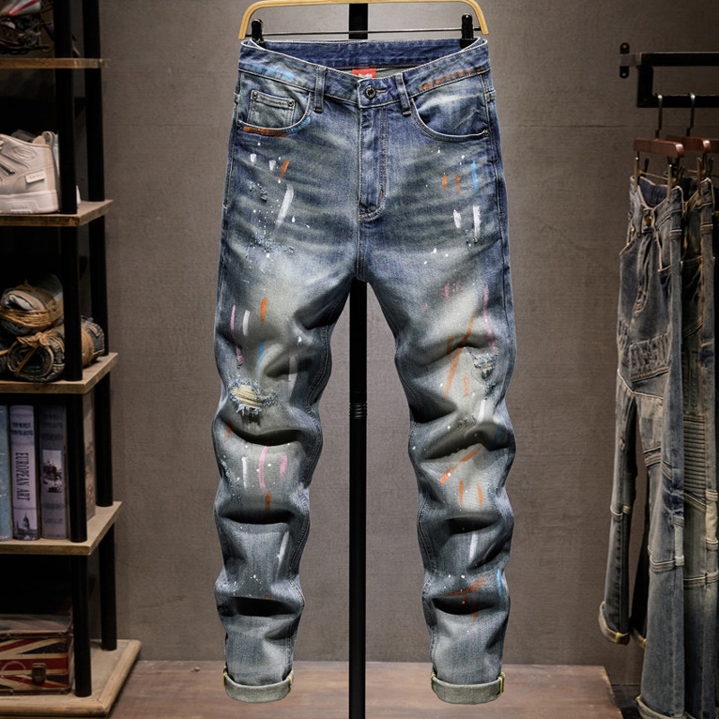 High quality fashionable retro men jeans blue slim fit elastic jeans tear fit men denim pants