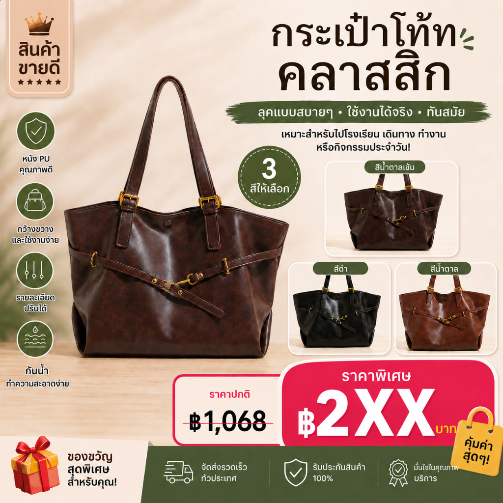 กระเป๋า Tote วินเทจสไตล์เก๋ 2026 – ความจุเยอะ, สะพายใต้แขนหรือไหล่ได้, เหมาะสำหรับไปทำงานและลำลอง