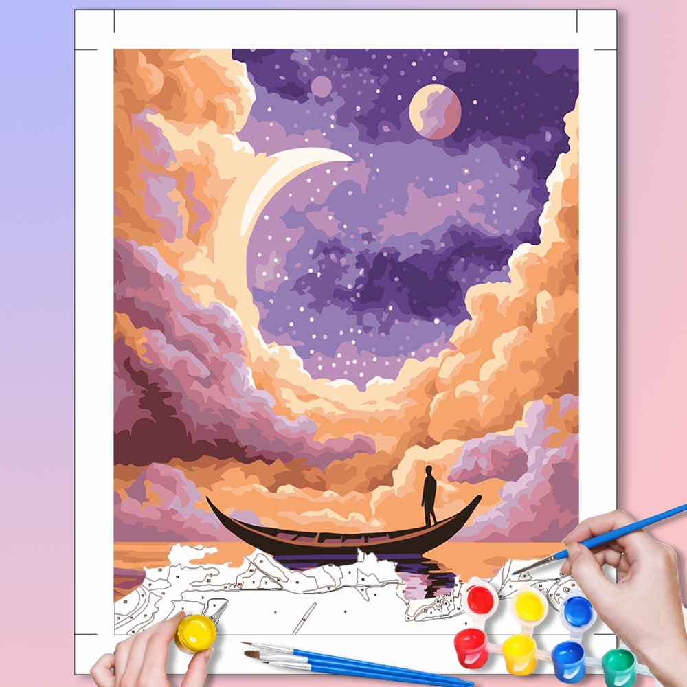 ACANDLY DIY Paint by Numbers Kit กรอบ 40x50 ซม. - Dreamy Starry Sky Boat Scene Painting, Relaxing Craft for Stress Relief, Whimsical Wall Art Decor, ไอเดียของขวัญที่ไม่ซ้ําใคร