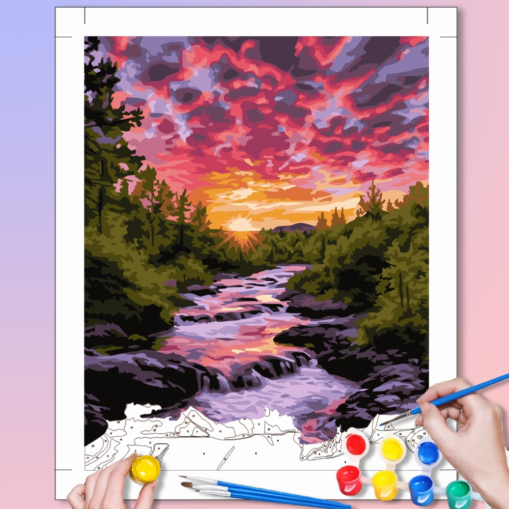 ACANDLY DIY Paint by Numbers Kit กรอบ 40x50 ซม. - ภาพวาดภูมิทัศน์แม่น้ําป่าพระอาทิตย์ตก, งานฝีมือผ่อนคลายสําหรับบรรเทาความเครียด, ศิลปะตกแต่งผนังธรรมชาติ, ความคิดของขวัญที่ไม่ซ้ําใคร