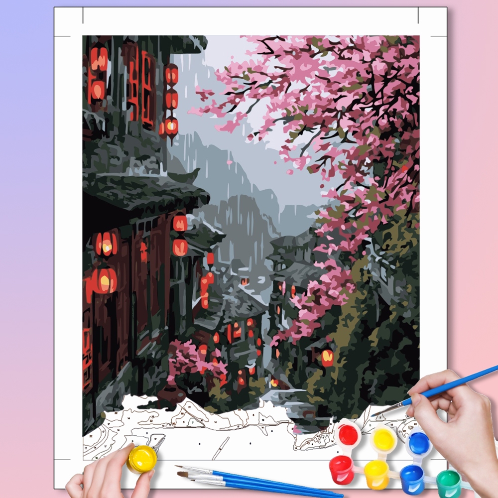 ACANDLY DIY Paint by Numbers Kit กรอบ 40x50 ซม. - เมืองจีนแบบดั้งเดิมพร้อมภาพวาด Cherry Blossoms, งานฝีมือผ่อนคลายสําหรับบรรเทาความเครียด, Oriental Wall Art Decor, ของขวัญที่ไม่ซ้ํากัน Ide