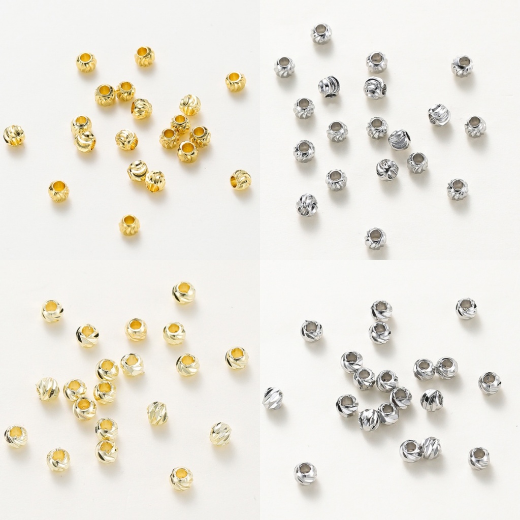 20-100ชิ้น 2.5-6mm ลูกปัดคั่นฉลุลายนูนเคลือบทอง 18K เม็ดบีดกลม สำหรับ DIY สร้อยข้อมือ ไม่ลอก
