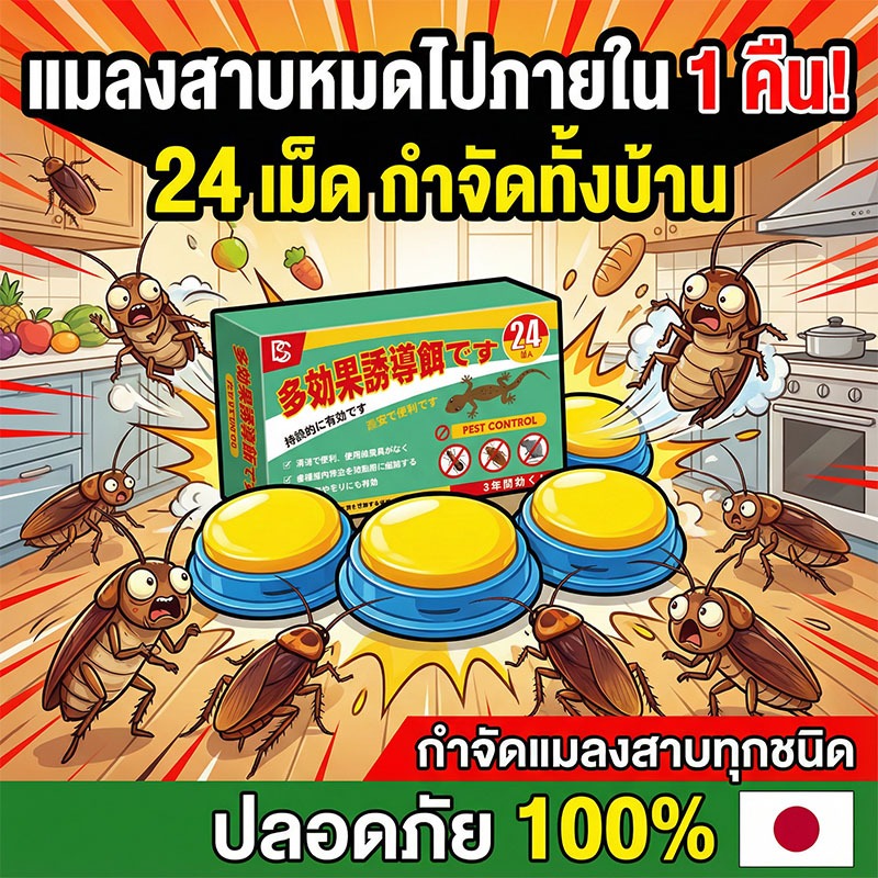 24 เม็ด วางเม็ดเดียวอยู่ได้ 3 ปี MINI ยาฆ่าแมลงสาบ ยากําจัดแมลงสาบ ไล่แมลงสาบ ฟิโพรนิล 0.5% และ โซลูชิน 4% ดึงดูดอย่างมีประสิทธิภาพ อัตราการตายสูงถึง 99.9% ผลิตภัณฑ์จากแบรนด์ญี่ปุ่น