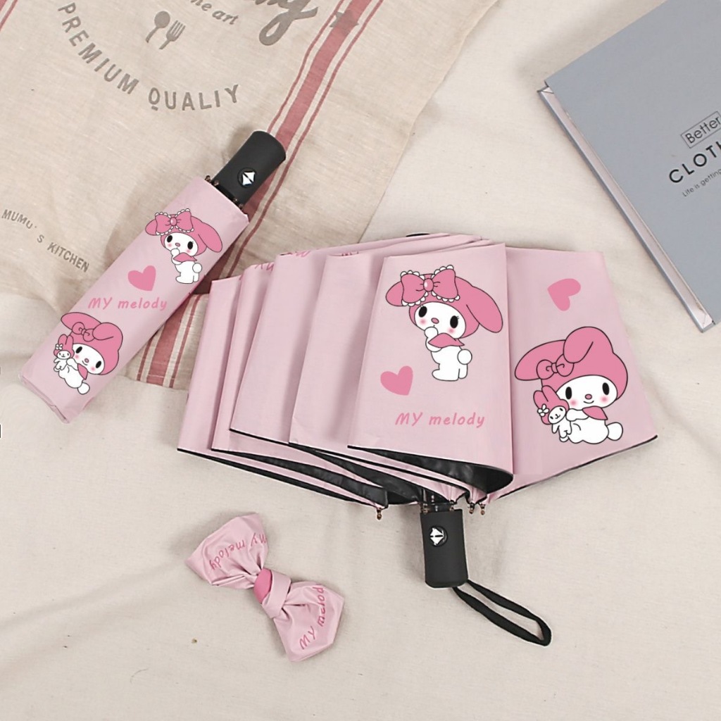 น่ารักมายเมโลดี้ร่มพับอัตโนมัติ, น่ารัก สีชมพูการ์ตูน 99% ป้องกันรังสียูวีกันน้ํา กันลม ดวงอาทิตย์ ฝนร่มกันแดดสําหรับสาวๆทุกวันกลางแจ