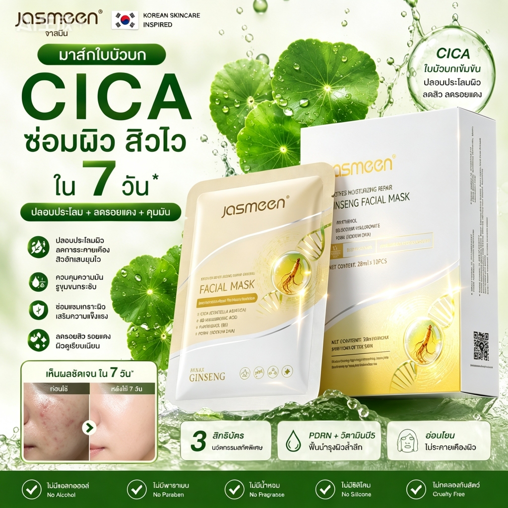 🔥JASMEEN CICA GINSENG Facial Mask สำหรับผิวแพ้ง่าย ผิวแดงง่าย เติมน้ำ ฟื้นเกราะป้องกันผิว 10pcs