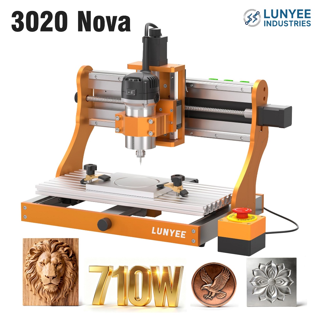 LUNYEE ใหม่ 3020 Nova Desktop CNC Router Machine เครื่อง cnc โลหะ All-metal design เลเซอร์แกะสลักสําหรับไม้อะคริลิคอลูมิเนียมแกะสลัก,โลหะผสมเครื่อง 710W Trim Router