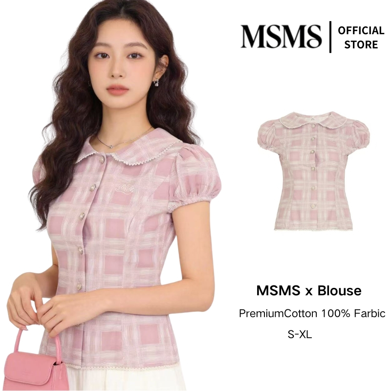MSMS เสื้อเชิ้ตลายสก๊อตสีชมพูคอตุ๊กตาลูกไม้พัฟแขนสลิมฟิตดูเพรียวบางสไตล์เกาหลี