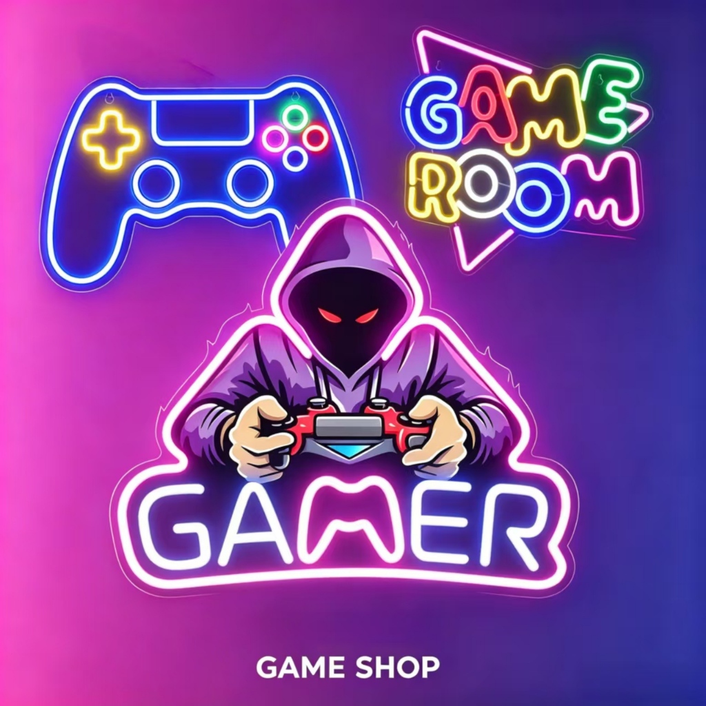 ป้ายนีออนสำหรับห้องเล่นเกม ป้ายรูปทรงจอยเกม ตกแต่งผนังด้วยไฟนีออน LED และผนังพื้นหลังโต๊ะคอมพิวเตอร์