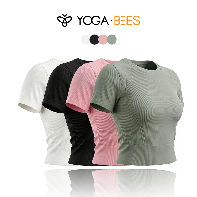 โยคะ BEES Raglan Sleeve Ribbed Cropped Tee Slim ติดตั้งกีฬาโยคะ Top Quick Dry Breathable Daily Casual เสื้อออกกําลังกาย