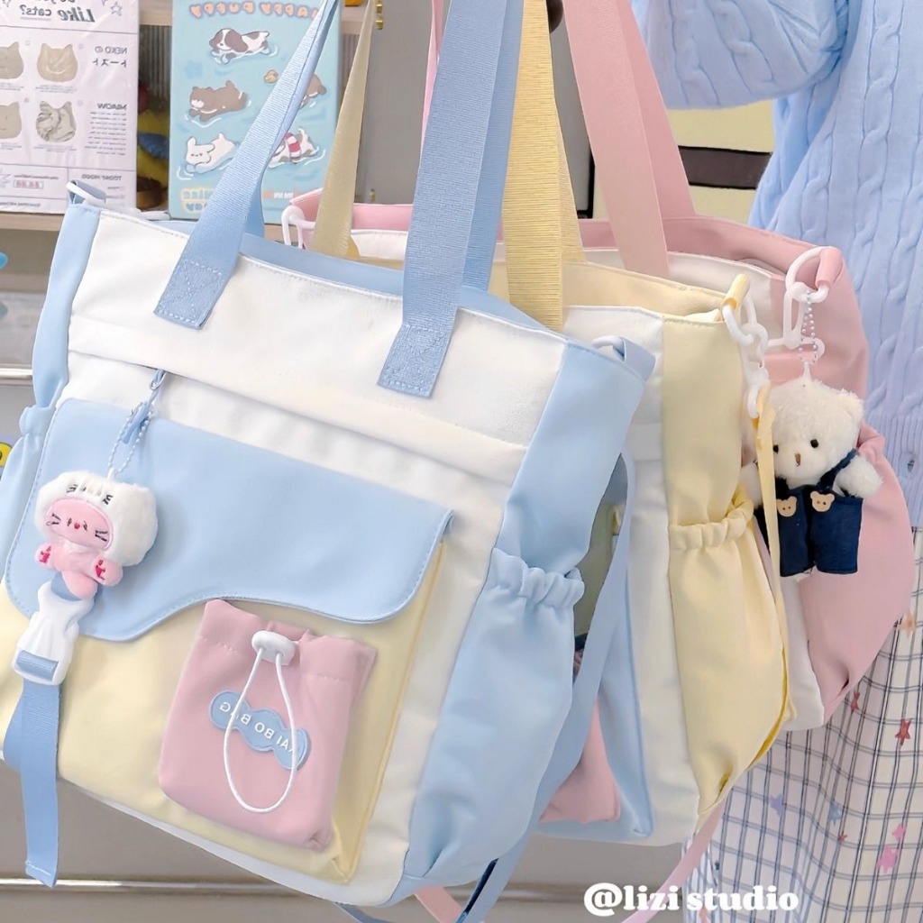 สไตล์ญี่ปุ่น ins น่ารัก Preppy สไตล์ Contrast สีไหล่กระเป๋านักเรียนหญิง Class แบบพกพา Tutorial กระเป๋าขนาดใหญ่-ความจุ Messen