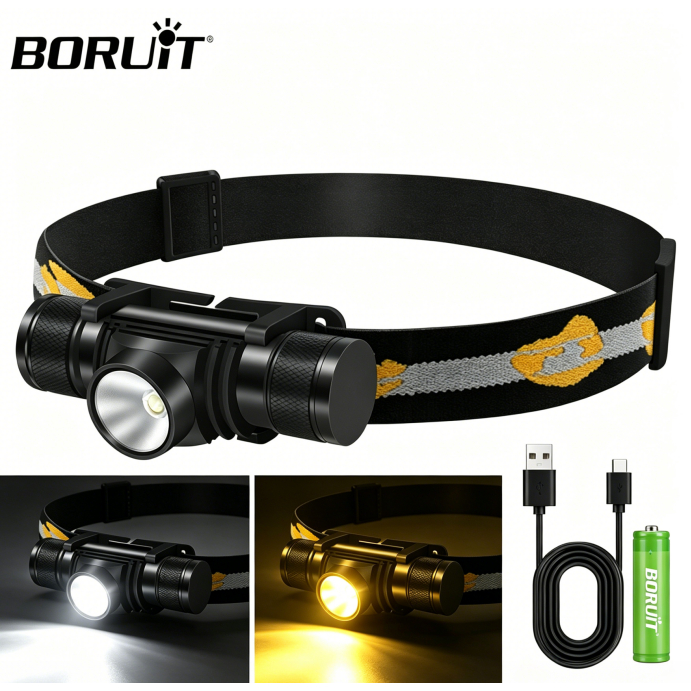 BORUiT D10 1000LM LED ไฟหน้าที่มีประสิทธิภาพ 18650 ชาร์จไฟฉาย IPX6 กันน้ํา Camping ตกปลาไฟฉาย
