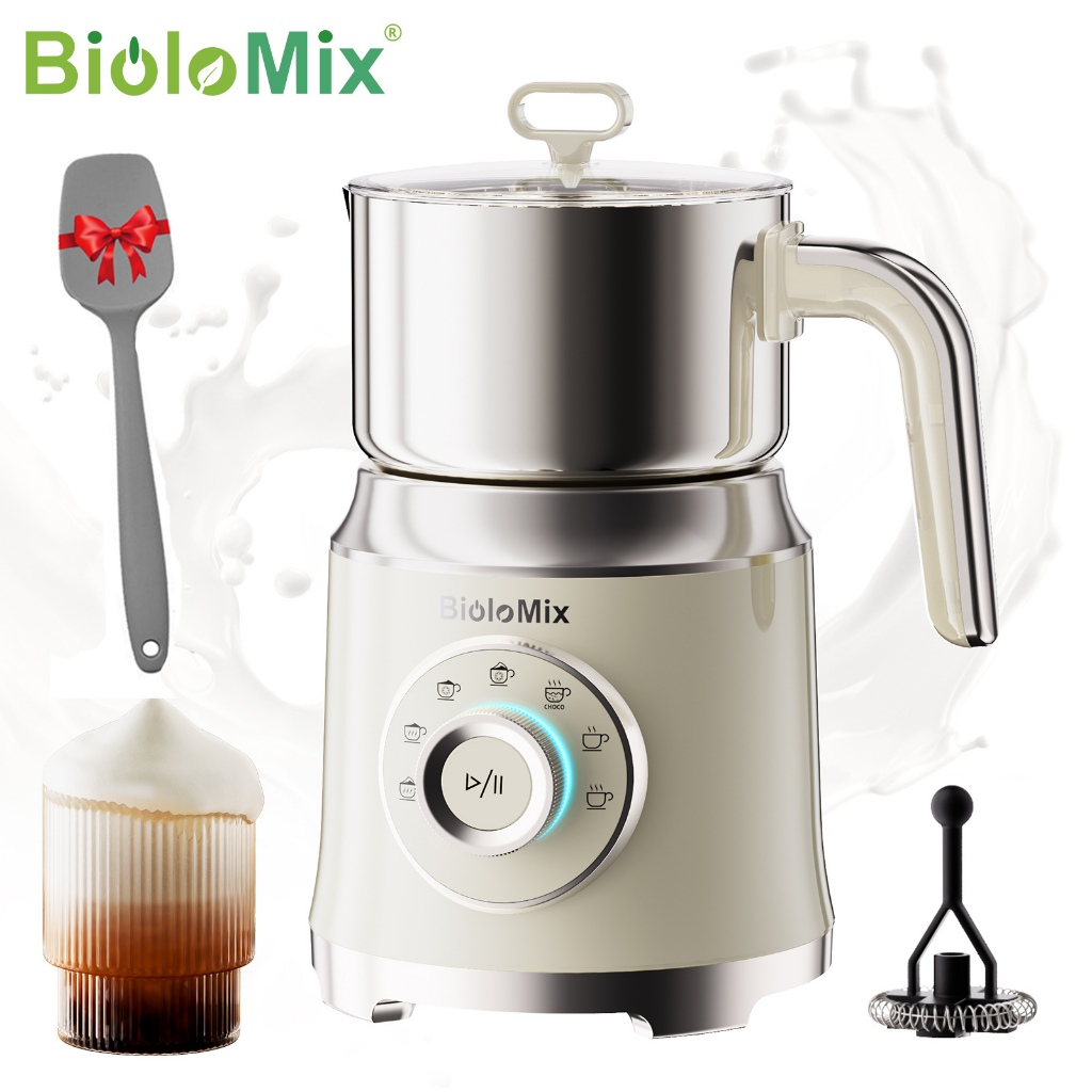 Biolomix เครื่องตีฟองนม 7-in-1 ความจุขนาดใหญ่ 1.2 ลิตร ตีฟองนมแบบฝาได้ พร้อมเหยือกนมแบบถอดได้สแตนเลส