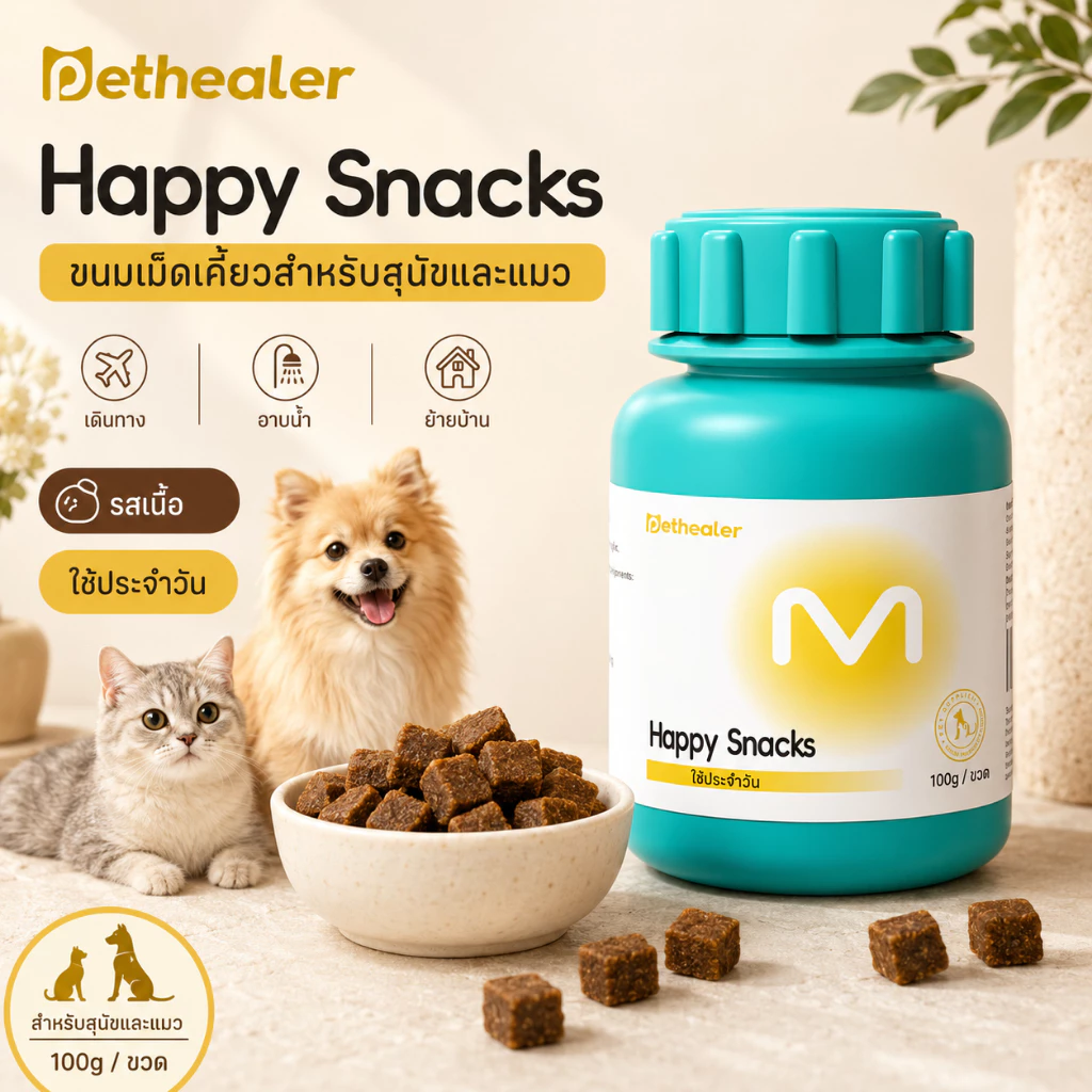 PETHEALER Happy Snacks ขนมเม็ดเคี้ยวรสเนื้อ สำหรับสุนัขและแมว ใช้ประจำวัน 100g