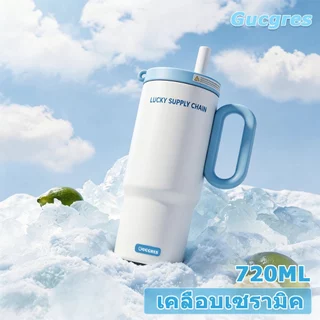 Gucgres(720ml/24oz)แก้วเก็บความเย็น สแตนเลส 316 เคลือบเซรามิก สไตล์โดปามีน แก้วน้ำความจุขนาดใหญ่ พร้อมหูหิ้ว+หลอดดูด