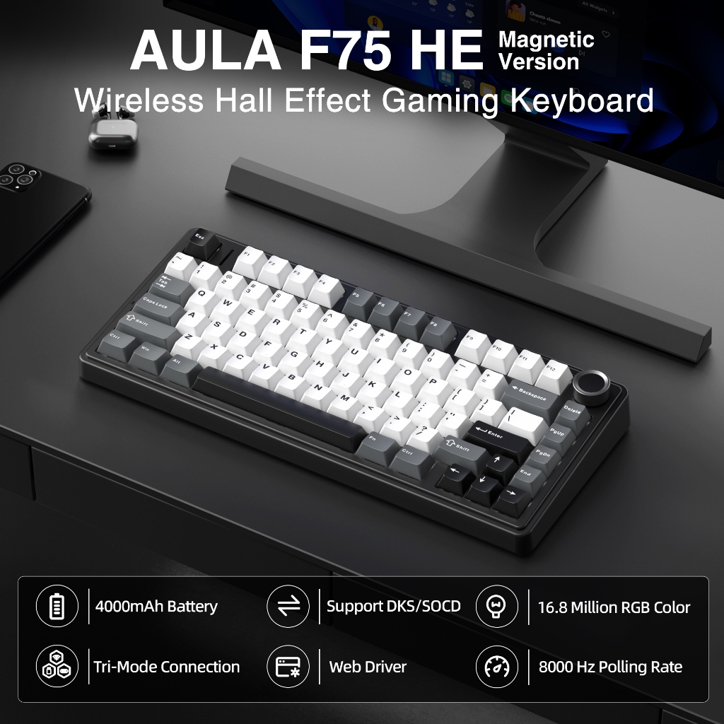 AULA F75HE Rapid Trigger คีย์บอร์ดแม่เหล็ก 75% 80 คีย์ 8kHz Latency ต่ํา RGB Hot-swap Triple Mode คีย์บอร์ดเกม