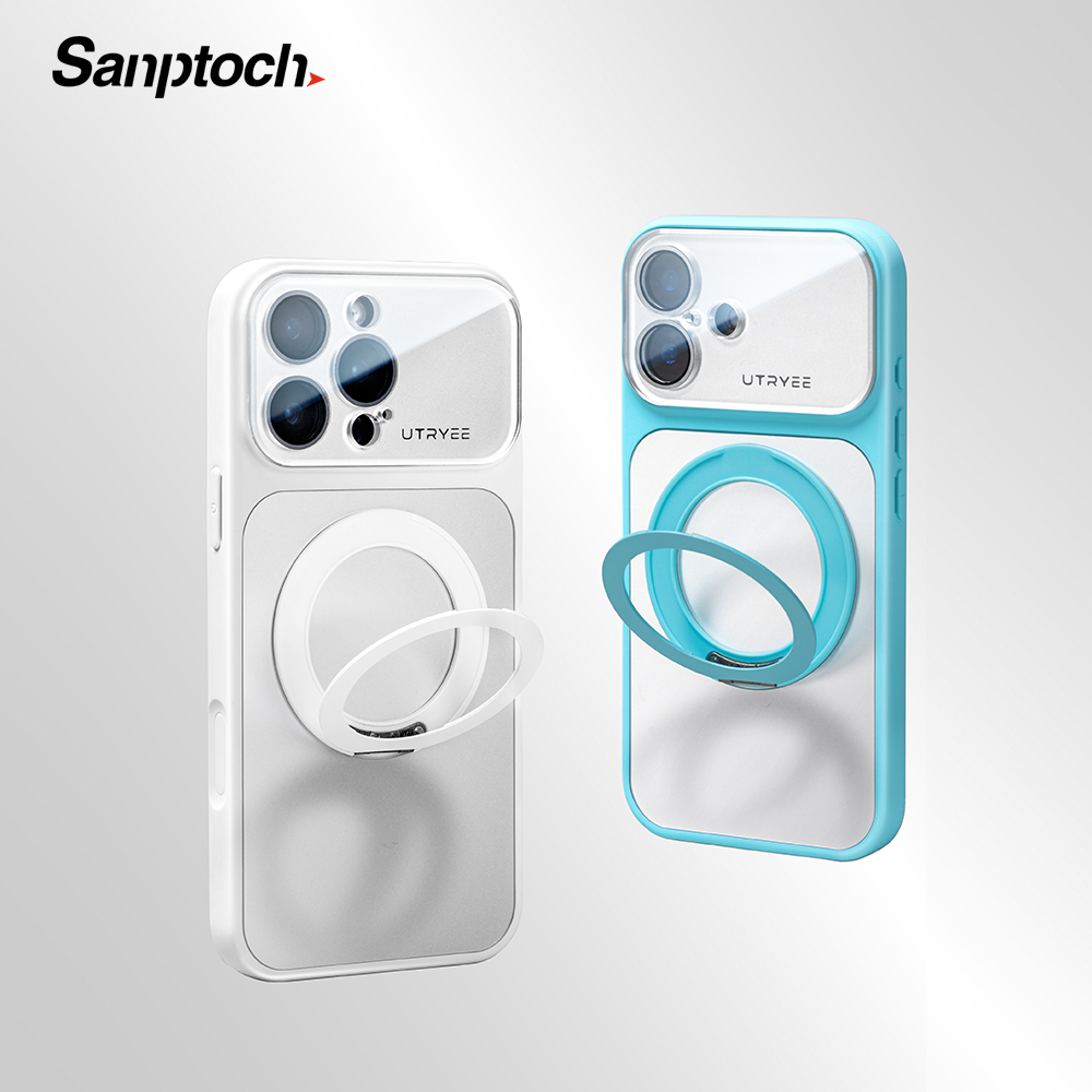 Sanptoch สําหรับ Magsafe Ring & Stand เคสโทรศัพท์สําหรับ iPhone 17 16 15 14 13 Pro Max 360° ฝาครอบที่วางหมุนได้สําหรับ iPhone 17 Pro Max เคสเคลือบหรูหราพร้อมการป้องกันเลนส์กระจก